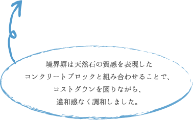 境界塀は天然石の質感を表現した コンクリートブロックと組み合わせることで、 コストダウンを図りながら、 違和感なく調和しました。