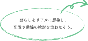 暮らしをリアルに想像し、 配置や動線の検討を重ねたそう。