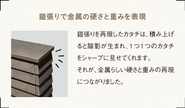 鎧張りで金属の硬さと重みを表現