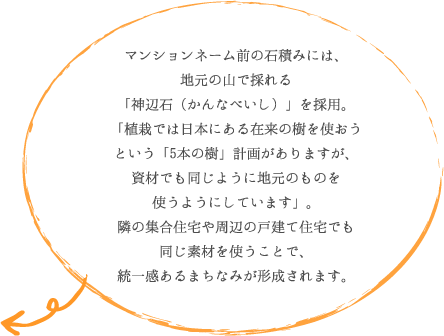 マンションネーム前の石積みには、 地元の山で採れる 「神辺石(かんなべいし)」を採用。 「植栽では日本にある在来の樹を使って 植栽をしようという「5本の樹」計画がありますが、 資材でも同じように地元のものを 使うようにしています」と古林さん。 隣の集合住宅や周辺の戸建て住宅でも 同じ素材を使うことで、 統一感あるまちなみが形成されます。