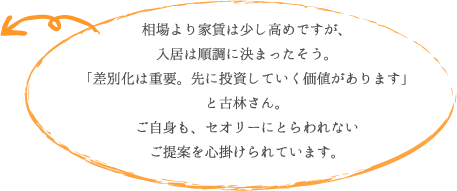 相場より家賃は少し高めですが、 入居は順調に決まったそう。 「差別化は重要。先に投資していく価値があります」 と古林さん。 ご自身も、セオリーにとらわれない ご提案を心掛けられています。