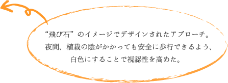 “飛び石”のイメージでデザインされたアプローチ。 夜間、植栽の陰がかかっても安全に歩行できるよう、 白色にすることで視認性を高めた。