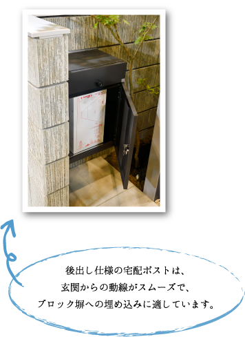 後出し仕様の宅配ポストは、 玄関からの動線がスムーズで、 ブロック塀への埋め込みに適しています。