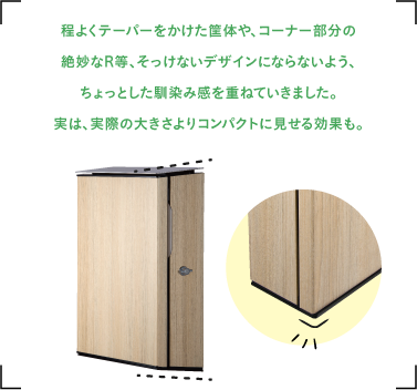 程よくテーパーをかけた筐体や、コーナー部分の 絶妙なR等、そっけないデザインにならないよう、 ちょっとした馴染み感を重ねていきました。 実は、実際の大きさよりコンパクトに見せる効果も。
