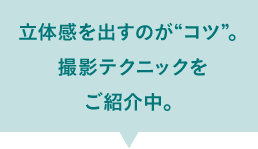 立体感を出すのが“コツ”。 撮影テクニックを ご紹介。